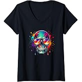 Womens Halloween Splash Art Skull Sunglasses Skulls V-Neck T-Shirt