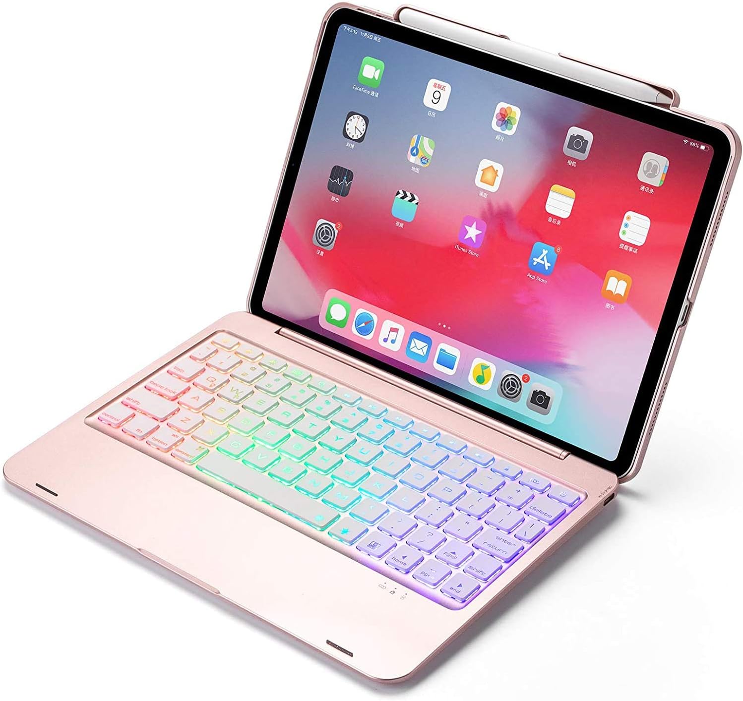 iPad 12.9 inch 2020 Keyboard Cover,Jennyfly ABS Material 7 Color Changeable Backlit Bluetooth Keyboard Auto Sleep-Wake Wireless Keyboard with Protection Case for 2020 4th Gen iPad 12.9 - Rose Gold