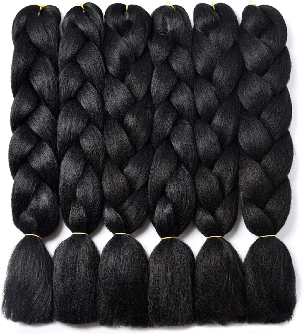 Kanekalon Braiding Hair,High Temperature Fiber Synthetic Hair Extensions for Braiding Crochet Twist Box Braids 24Inch 6 Packs Black 1B Jumbo Braiding Hair