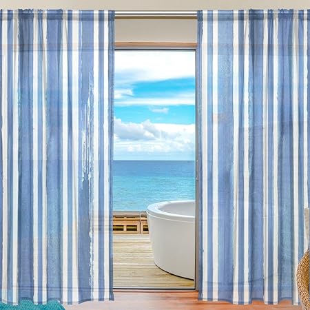 Blue White Stripe Window Sheer Curtains Digital Printed Polyester