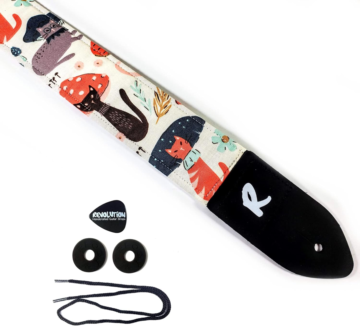 Mixed Media - Cat Mushroom Guitar Strap, Genuine Leather Ends, Includes 2 Strap Locks & 1 Pick. Adjustable Strap, Pick Pocket, For Bass, Electric & Acoustic Guitars Gift for Guitar Players Men, Women & Kids