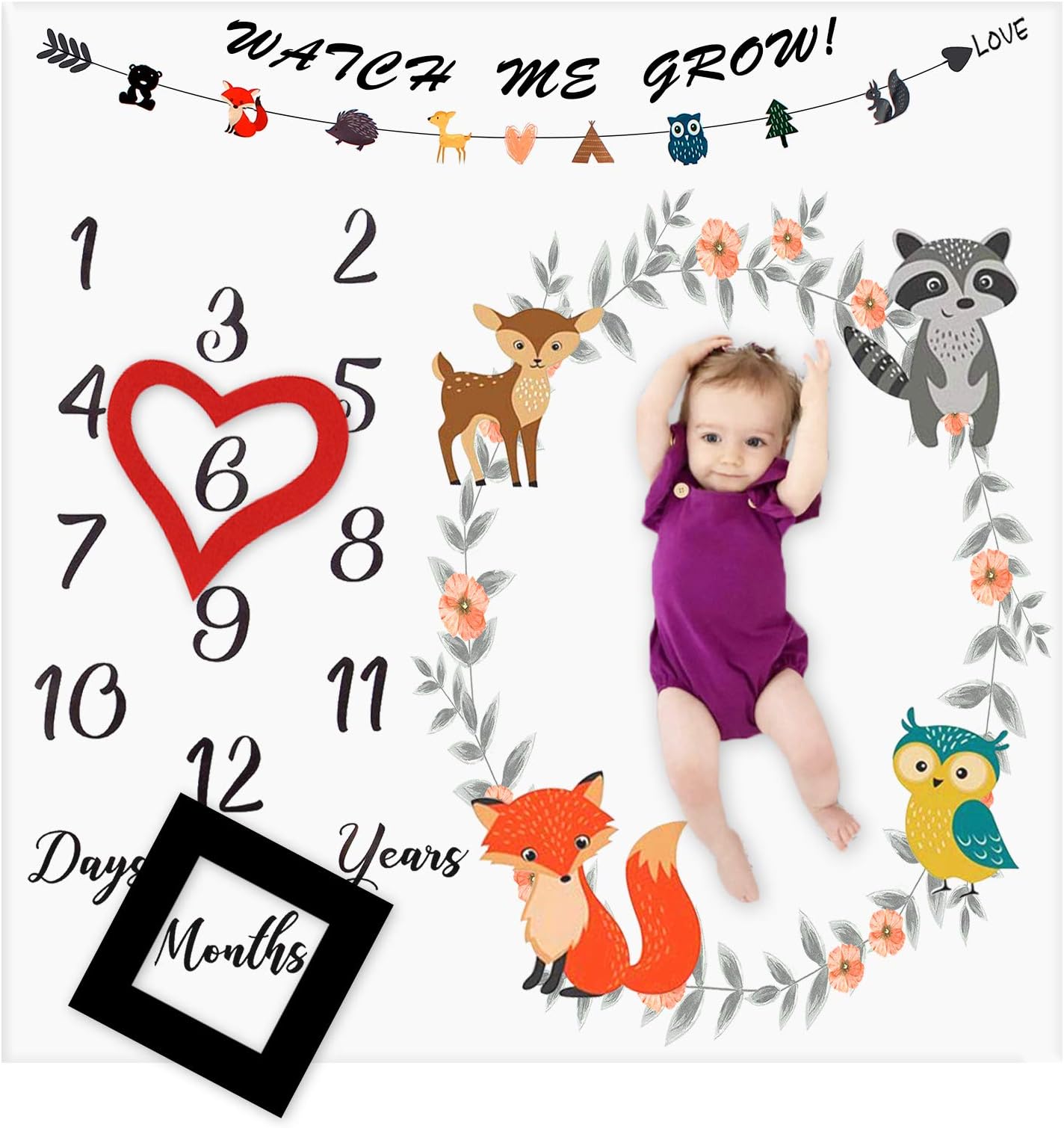 Baby Monthly Milestone Blanket Woodland Animals Personalized Photography Props Backdrop Blankets for Infant Newborn Swaddling Boy Girl…