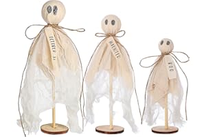 AMDBHC Summerween Decoration Halloween Decorations Indoor - 3 Set of Primitive Ghosts on Wooden Stand for Table Centerpieces Tiered Trays Shelves Mantels Home Halloween Décor
