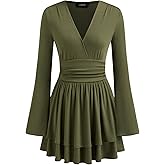 CIDER Womens Long Sleeve V Neck Dress Ruffle Tiered Mini Skirt Casual Dress