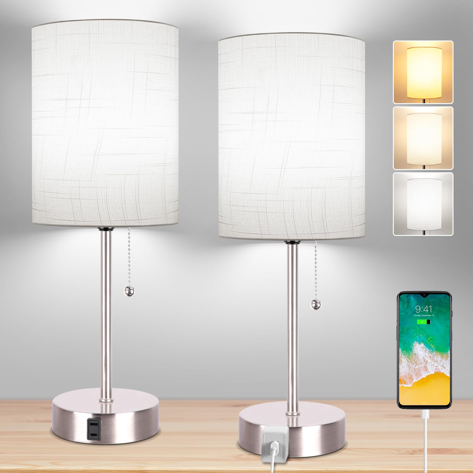 Dott Arts Table Lamp for Bedroom Set of 2,Bedside Lamp with AC Outlets ...