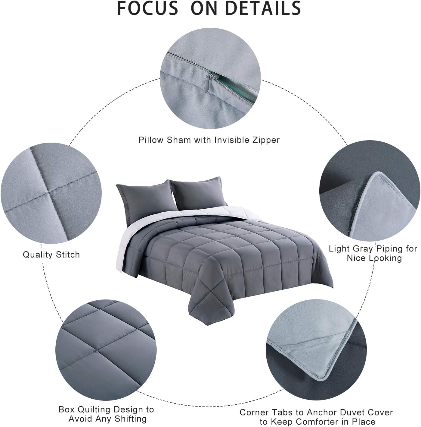Homelike Moment Lightweight Comforter Set - Queen Gray All Season Down Alternative Comforter Set Summer Duvet Insert 3 Piece - 1 Comforter with 2 Shams Reversible Full/Queen Size Dark Gray/Light Grey: Home & Kitchen