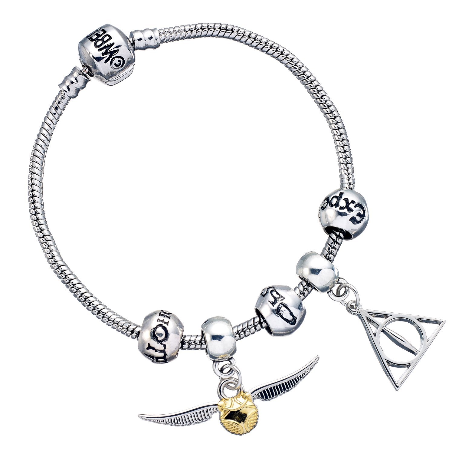 Harry Potter Charm Set- Silver Bracelet/Deathly Hallows/Snitch/ 3 Spellbeads- HP0090