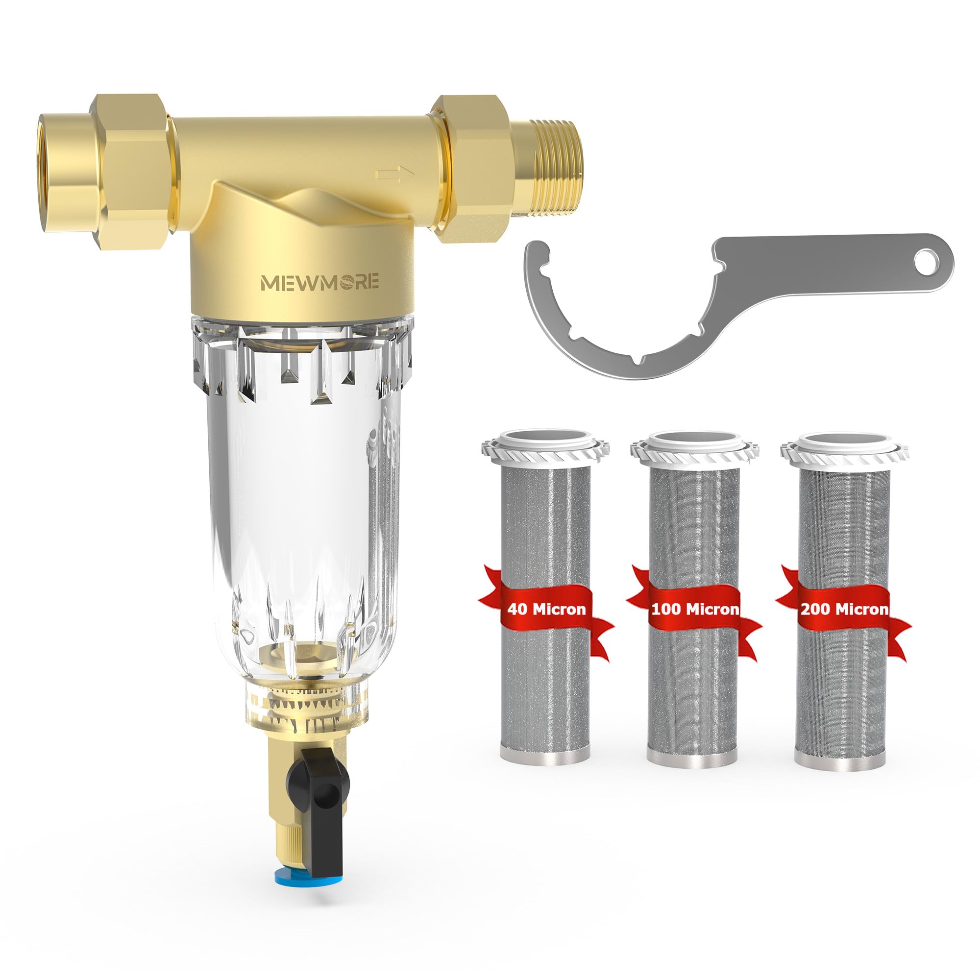 Photo 1 of MewMore GFC40 Garden Hose Filter with 3/4"GHT Connector, Inline Sediment Filter for Pressure Wahser, 40 & 100 & 200 Micron Reusable Spin Down Sediment Water Filter for RV Camping Car Wash Water Hose