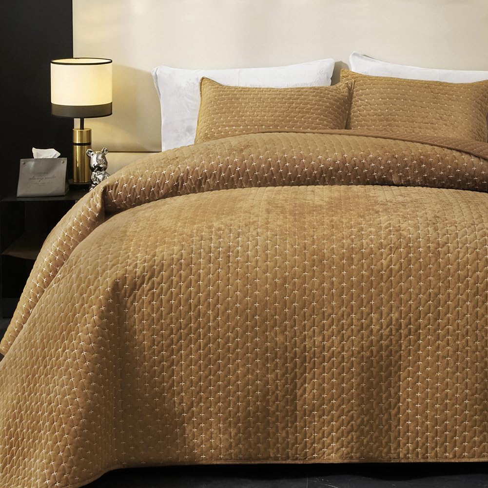 Photo 1 of Powdion Velvet Quilt King Size, Oversized Bedspread Quilted Bedding Set, Luxurious Soft Coverlet Set Lightweight Velvet Comforter with Pillow Shams, Gold Caramel, Cross Stitch Striped Quilt Set