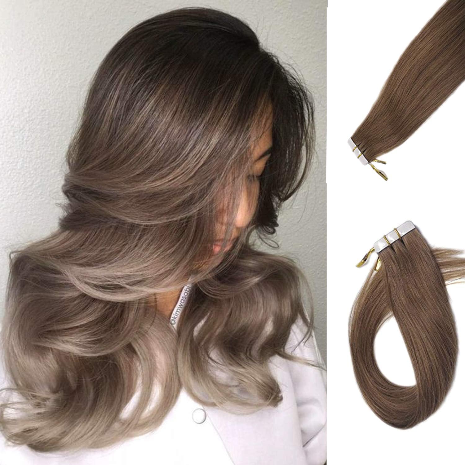 Mario Hair Tape in Hair Extensions Human Hair Extensions Silky Straight Skin Weft Human Remy Hair (16 inches, 8 Brown)
