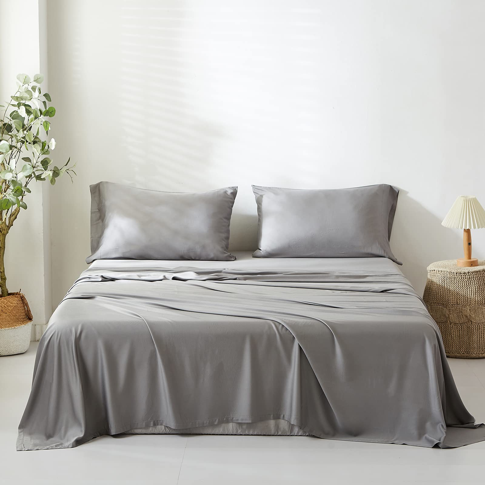 Simple&Opulence 100% Bamboo Viscose Flat Sheet -Ultra Soft and Silky Cooling Flat Top Sheet -1 Bed Sheet Only (SuperKing 269 x 295 cm, Bamboo Gray)