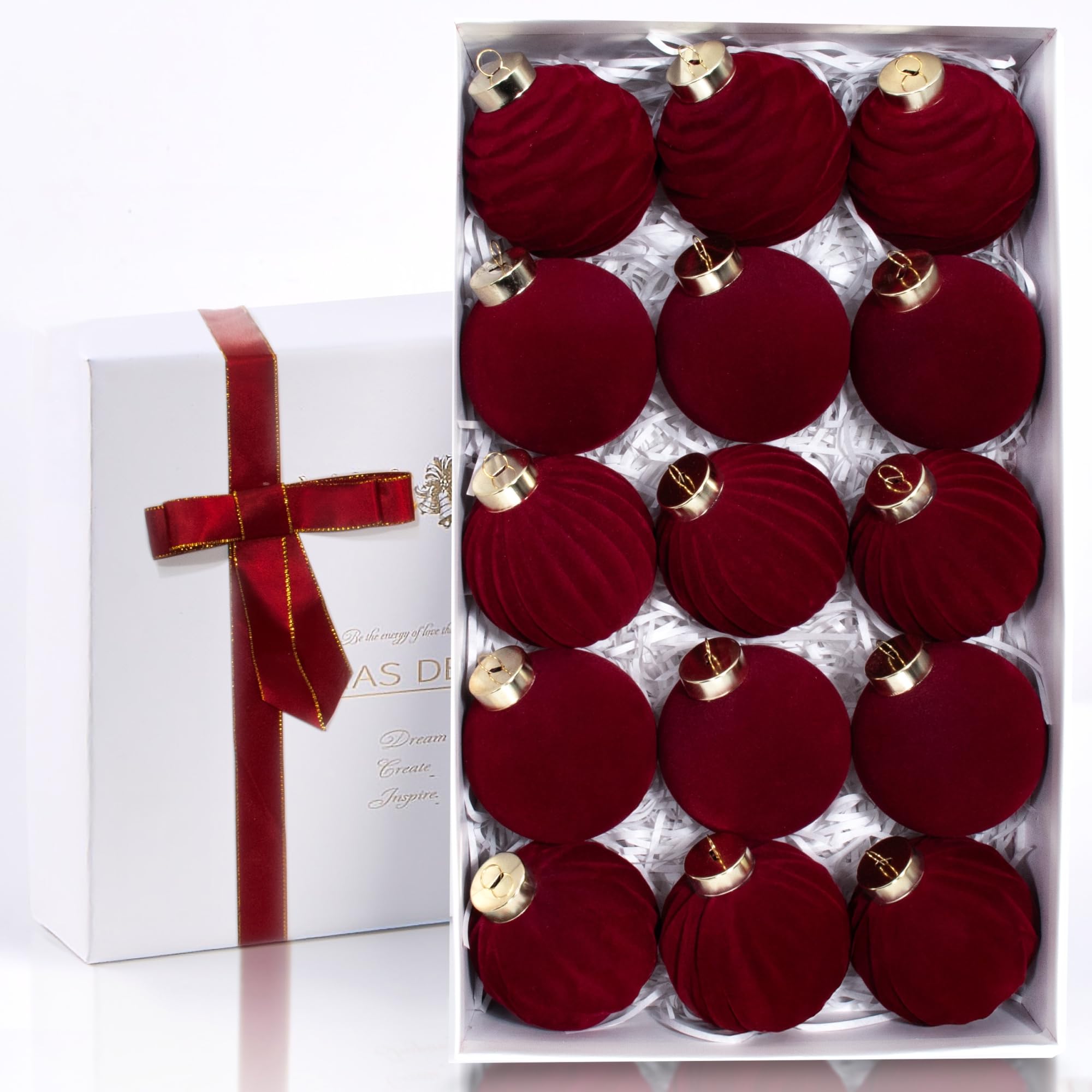 Photo 1 of 15PCS Red Velvet Flocked Christmas Ornaments, 3.15" Shatterproof Matte Balls for Xmas Tree Decor, Elegant Luxury Holiday Ornaments (Burgundy Red)