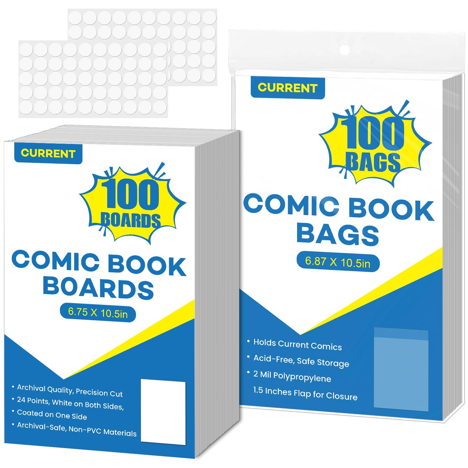 Photo 1 of 100 Pack Current Comic Book Bags and Boards, 6.87" x 10.5" Acid-Free Comic Book Sleeves, Clear Protector Sleeves for Comics (100 Comic Book Bags+100 Comic Book Boards)