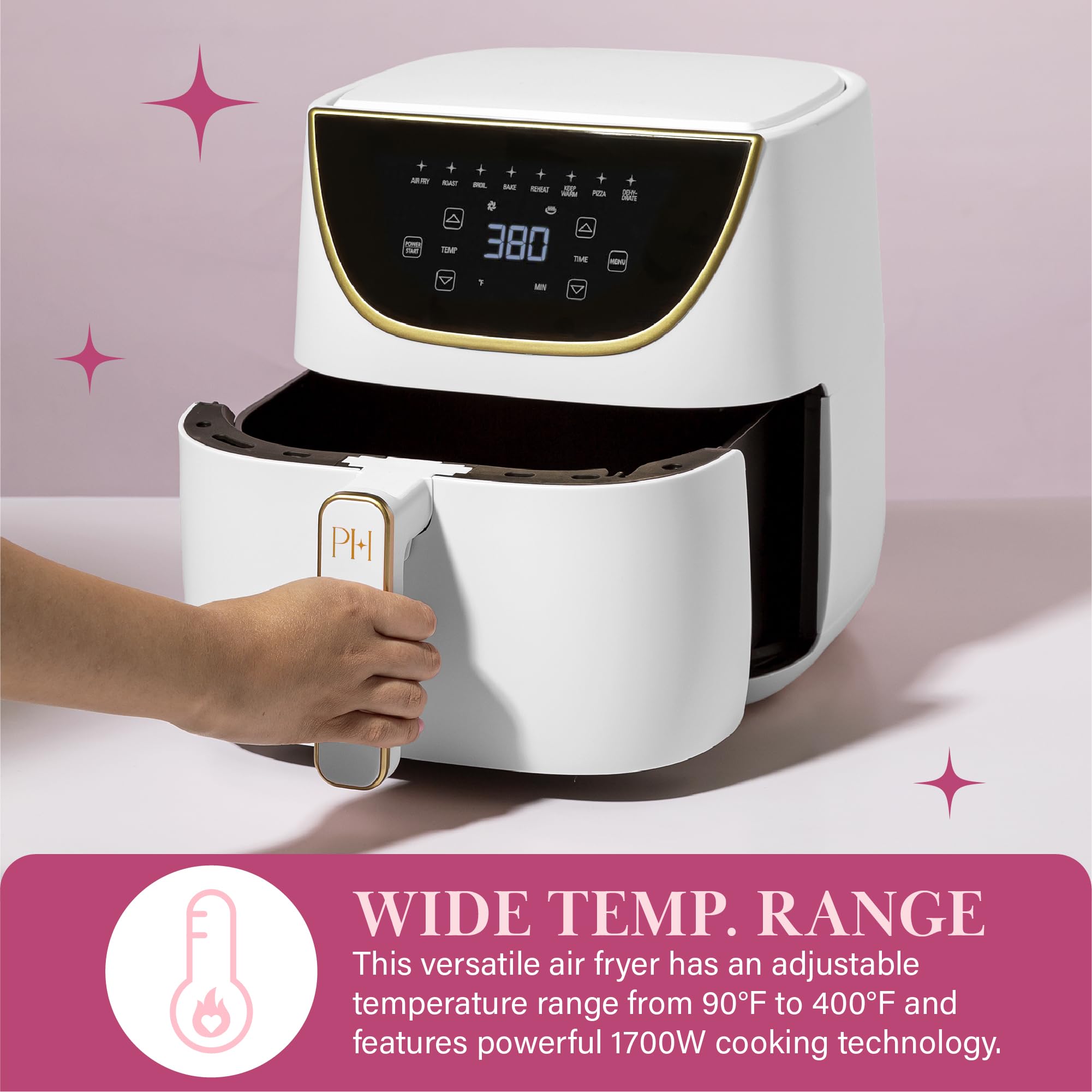 Freidora de aire Paris Hilton, gran capacidad de 6 cuartos, antiadherente fabricada sin PFAS, pantalla táctil, 8 en 1 (freír, asar, asar, hornear, recalentar, mantener caliente, pizza, deshidratar), apta para lavavajillas, blanca