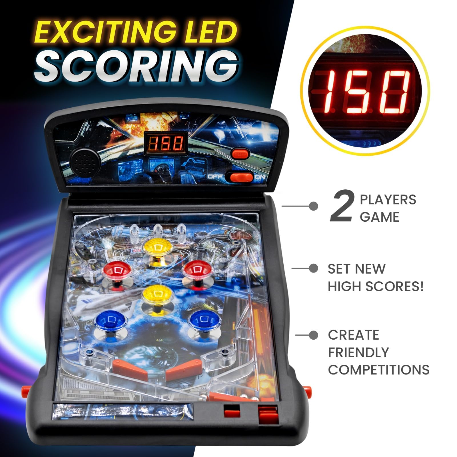 New Era Pinball Game Black – Interactive Tabletop or Floor Arcade Pinball Machine for Kids & Adults – LED Scoring, Lights & Sounds, Fast & Fun 3-Ball Launch Game – Ideal Gift for Birthdays & Christmas