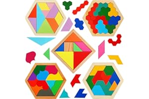JERIFY 5 Pack Wooden Tangram Puzzle for Kids Wooden Hexagon Puzzle Block Teaser Geometric Shapes Tangram Games for Jigsaw 3D Logic IQ Game Gift(Geometry)