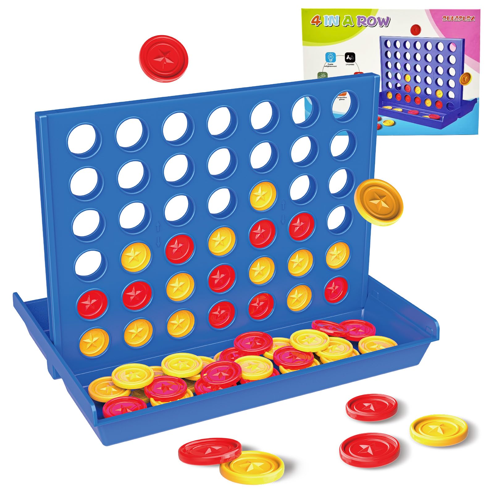 ZUNIPLEX 4 in a Row Game,Classic Board Game for Kids,Four Wins travelling game,Educational toy for children,Strategy game for children from 3 4 5 6 7 8