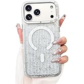 SAKULLO for iPhone 17 Pro Max Case Clear Glitter, Sparkly Bling Magnetic Cover Compatible with Magsafe Transparent Shockproof Heavy-Duty Protection for Girls Women 6.9inch, White Glitter