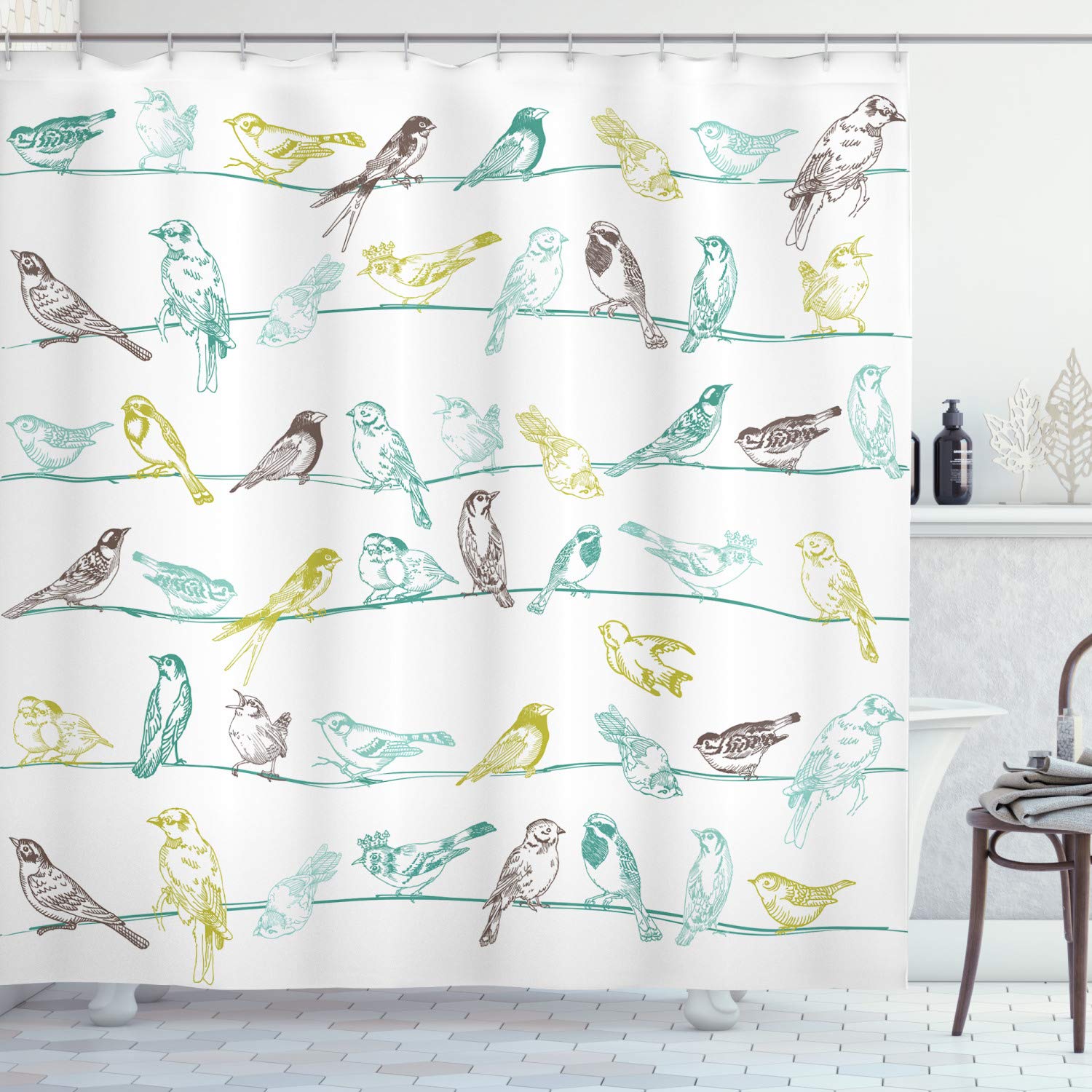 ABAKUHAUS Birds Shower Curtain, Various Type of Birds Sitting and Chirping on Wires Musical Creatures Print, Cloth Fabric Bathroom Decor Set with Hooks, 86 Inches Extra Long, Pale Green Brown