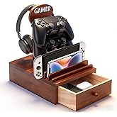 cxtyerak Gamer Wood Controller Holder and Headphone Stand with Storage Drawer for Gaming Equipment,Gamer Gifts for Teenage Boy,Gaming Desk Accessories for Men,Brother,Son,Boyfriend,Husband