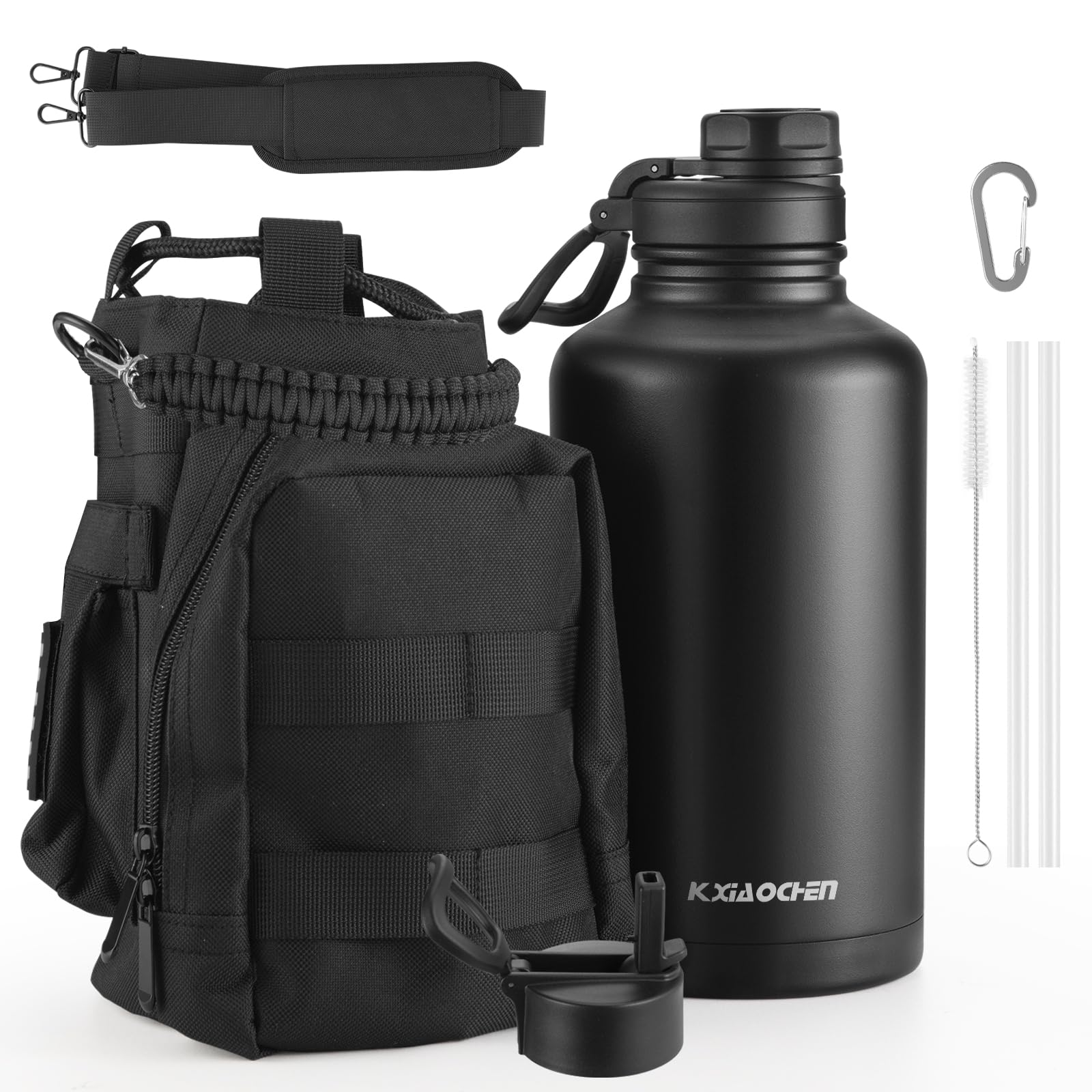 Photo 1 of KXIAOCHEN 64oz Water Bottle with Sleeve,Stainless Steel Water Bottle with Carrier Bag,2 Lids (Straw and Handle Lid),Wide Mouth Metal Water Bottles Keep Hot and Cold, Triple Walled