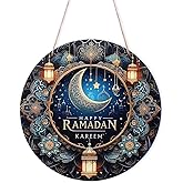Ramadan Door Sign, 7.88 Inch Wooden Ramadan Door Hanging Sign Eid Mubarak Sign Ramadan Kareem Wreath Ramadan Door Decoration Islamic Decor for Home Porch Farmhouse Front Door Wall
