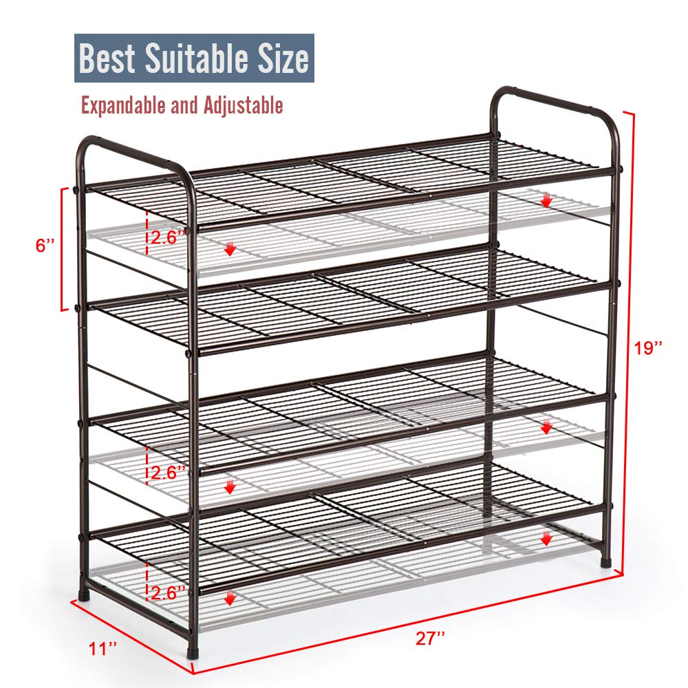 Auledio 4-Tier Shoe Rack,Stackable and Adjustable Multi-Function Wire Grid Shoe Organizer Storage,Extra Large Capacity, Space Saving, Fits Boots, high Heels, Slippers and More(Bronze)