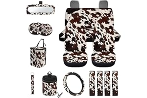 Wanyint Black Brown Cow Print 15 Pieces Car Seat Cover Set with Auto Steering Wheel Cover Seat Belt Strap Protector Cup Holder Trash Bag Air Vent Storage Pocket Rear View Mirror Protector Keychain