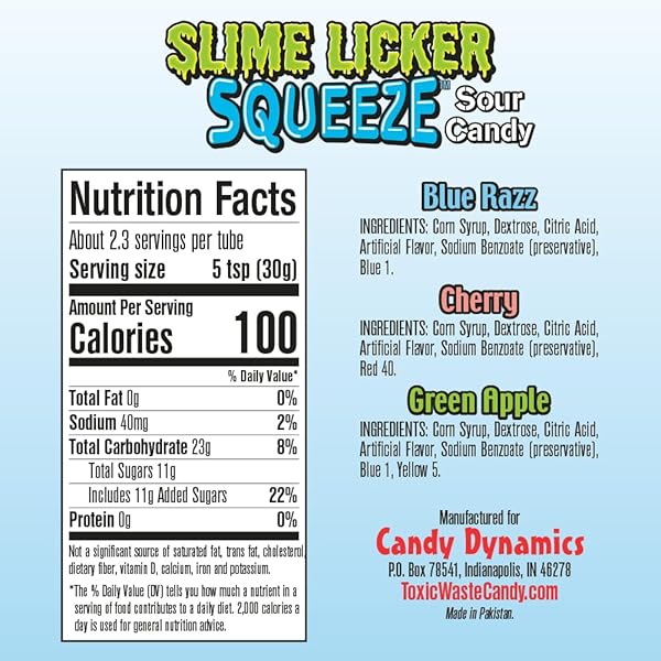 TOXIC WASTE – SLIME LICKER SQUEEZE – SOUR SQUEEZE SLIME CANDY – GREEN APPLE, BLUE RAZZ, & CHERRY FLAVORS – 2.47 OZ. TUBES – 12-PACK