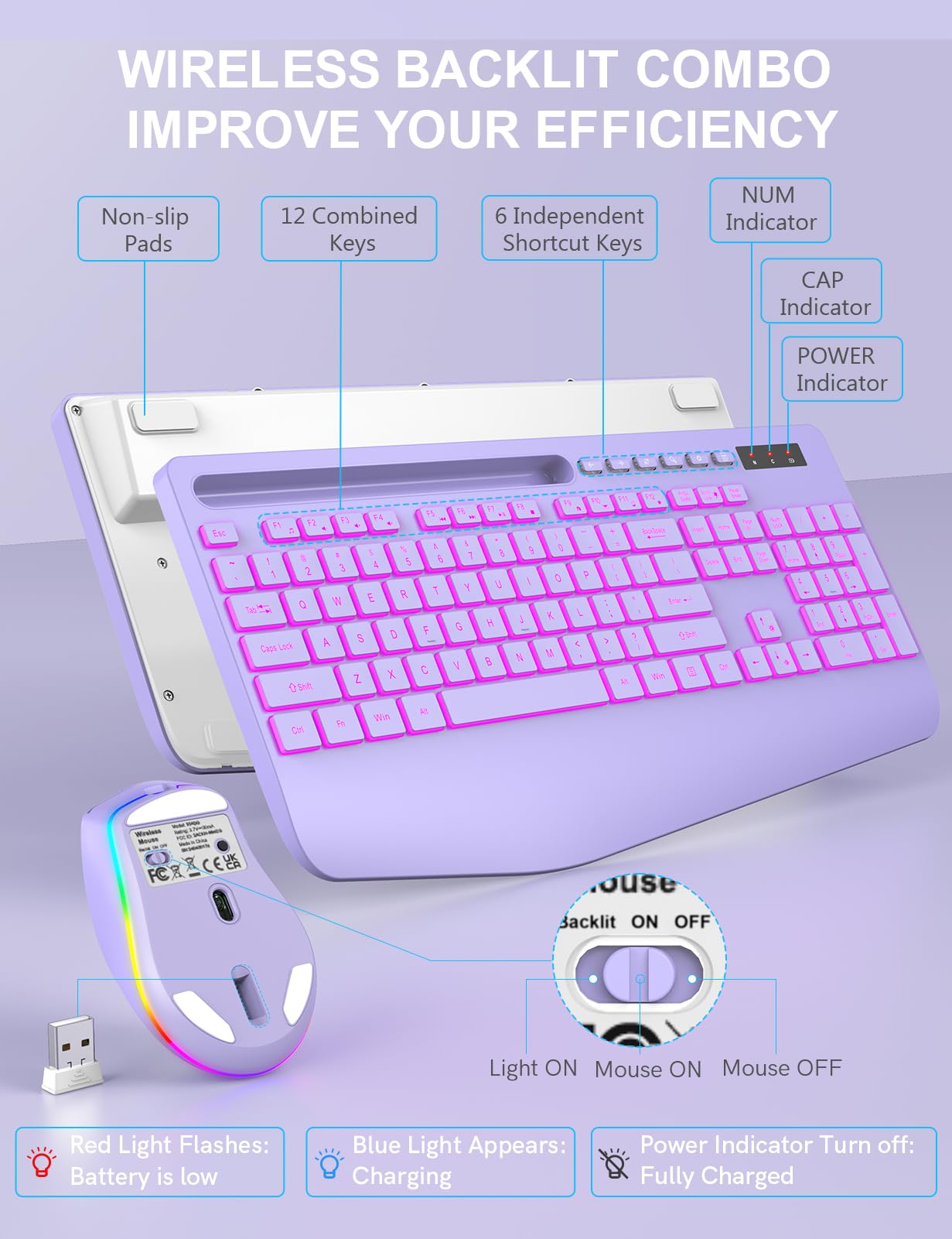 Wireless Keyboard and Mouse Combo - 7Color Backlit, Wrist Rest, Rechargeable, Silent Light Up Keys, Ergonomic Full Size with Phone Holder for Windows, Mac, PC, Laptop, PC - Trueque (Purple)