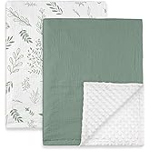 GLLQUEN BABY Blankets for Unisex Boys Girls, 2-Pack Muslin Cotton Front Soft and Breathable, and Dotted Fleece Backing, Printed Bed Nursery Minky Blankets for Toddler Newborn, Greenery,30 x 40 inches