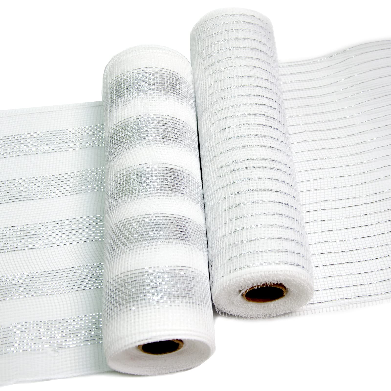 2 Rolls Decor Mesh Poly Ribbons 10 Inch x 30 Feet Each Roll Metallic Foil Mesh Ribbon Christmas Tree Decorative Mesh Silver and White Rolls for Xmas Wreaths,Swags and Home Decorating