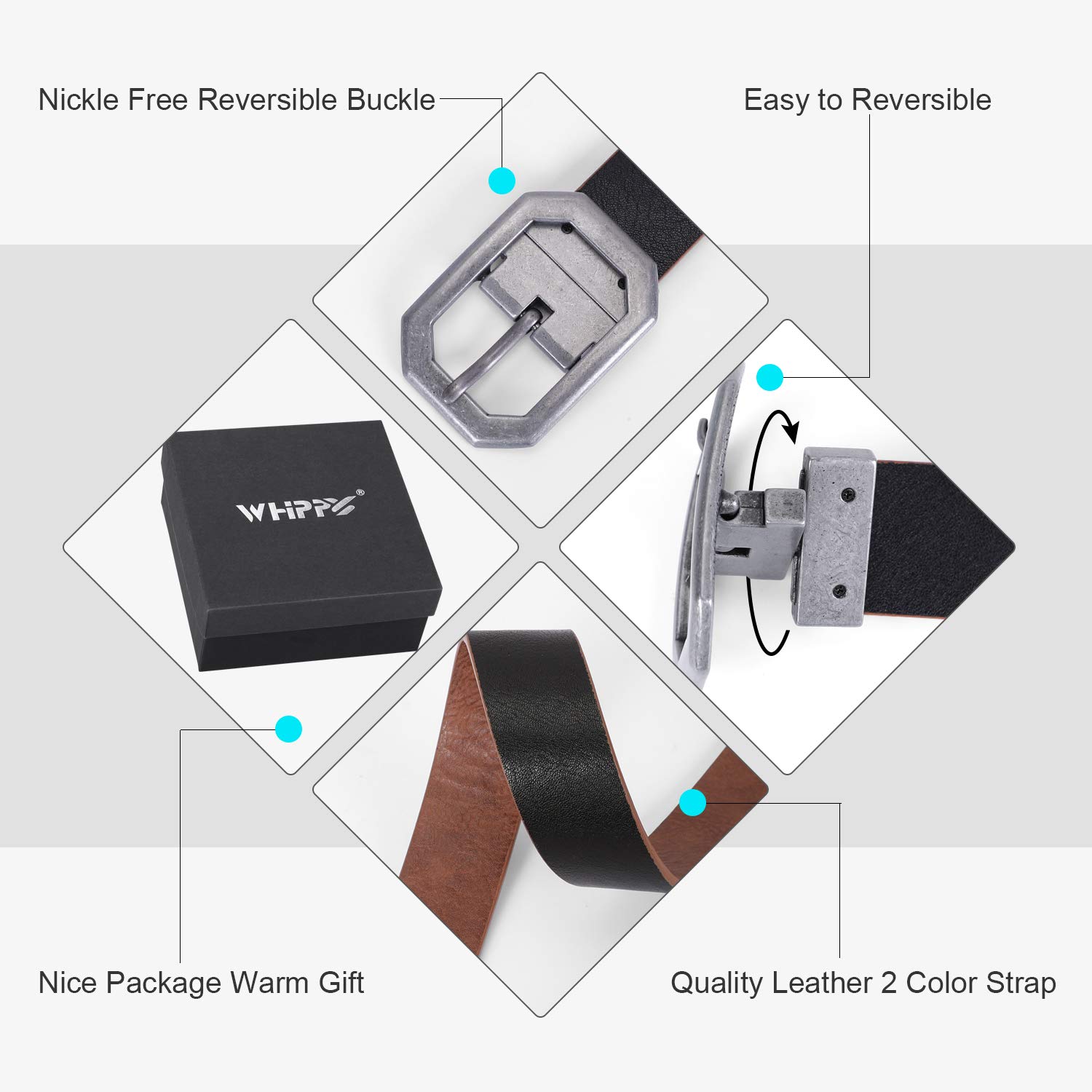 WHIPPY Reversible Women/Men Belt Leather Dress Belts for Jeans Pants Rotating Buckle for 2 Colors,Black+Brown,Suit Pants 36-40 Inches