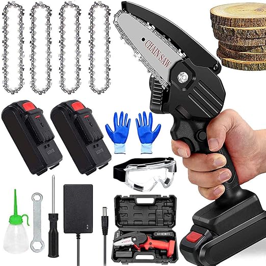 MiniElektroSäge, 4 Zoll Akku Kettensäge, 2 Batterien und bürstenloser