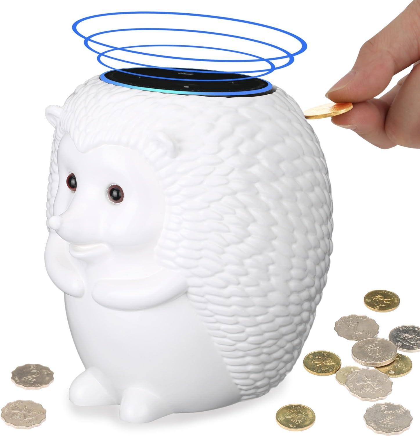 Echo Dot Station Stand with Hedgehog Savings Bank Function for Amazon Speaker,Crafted Hedgehog Statue Guard Station Stand Holder with Coin Collection,Hedgehog Money Box Echo Dot Stand, Echodot Holder (WHITE)