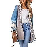 Perbai Womens Boho Aztec Cardigan Sweater Shawl Collar Open Front Tribal Long Sweater Coat with Pockets