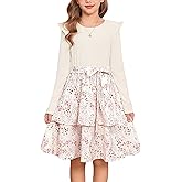 GRACE KARIN Girls Fall Long Sleeve Dresses Girl Floral Midi Dress Kids Casual Holiday Dresses with Belt Size 6-13