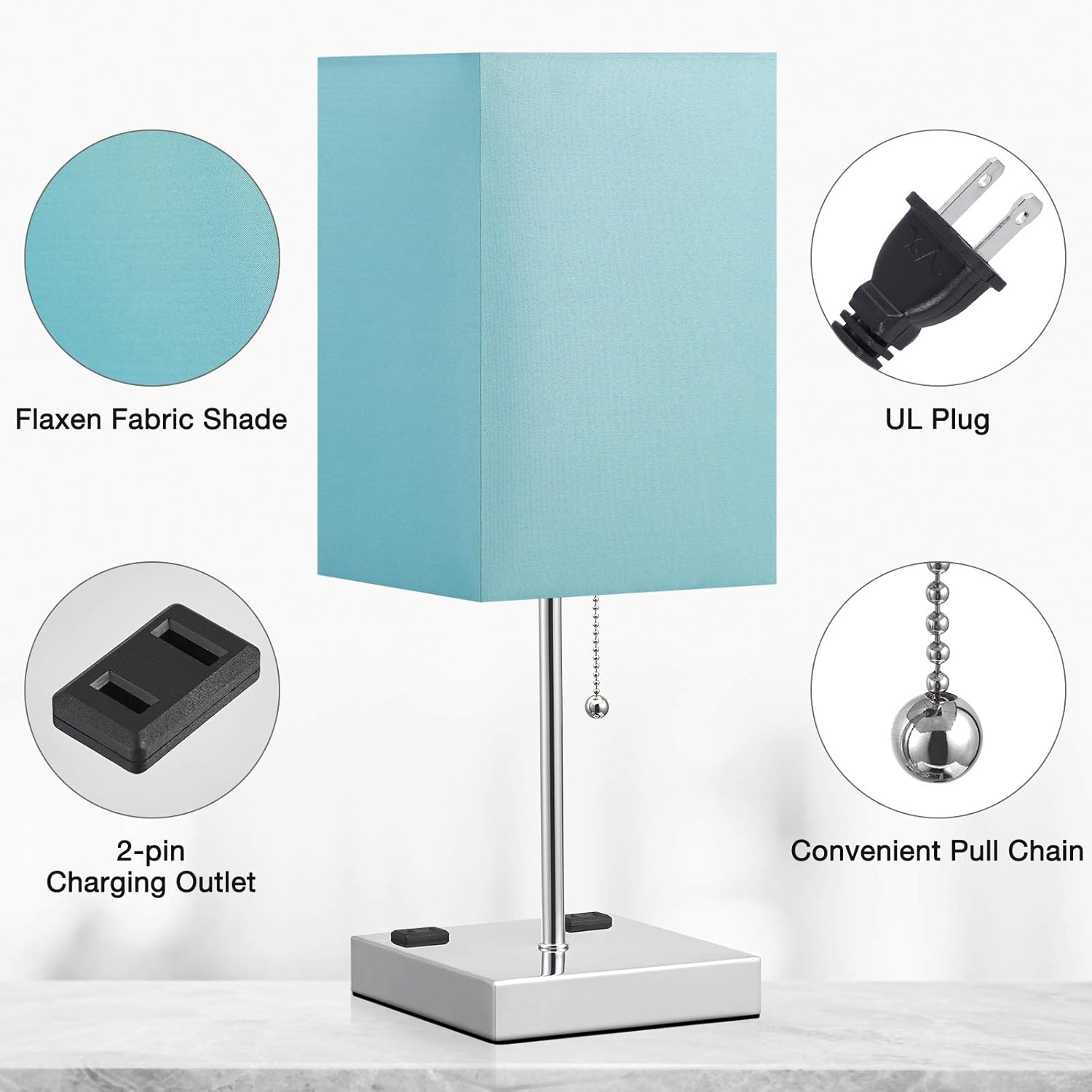 Table Lamp with Outlet Charging Ports, Aooshine Bedside Lamp with Dual 2-Prong Charging Ports, Lake Green Shade & Sliver Base, Minimalist & Modern Table Lamp Suitable for Bedroom.（Bulb not Included)） - - 