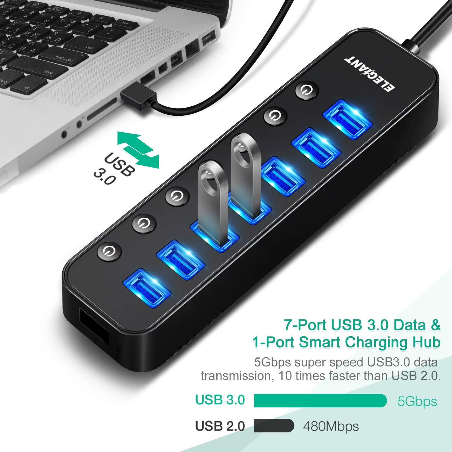 USB Hub 3.0, ELEGIANT 8 Port High Speed USB Hub, 7 Data Transfer Port and a 2.4A Charging Port with Separated Switches and Lights for Computers iPhone iPad MacBook Laptop PC Mobile with Power Adapter: Computers & Accessories