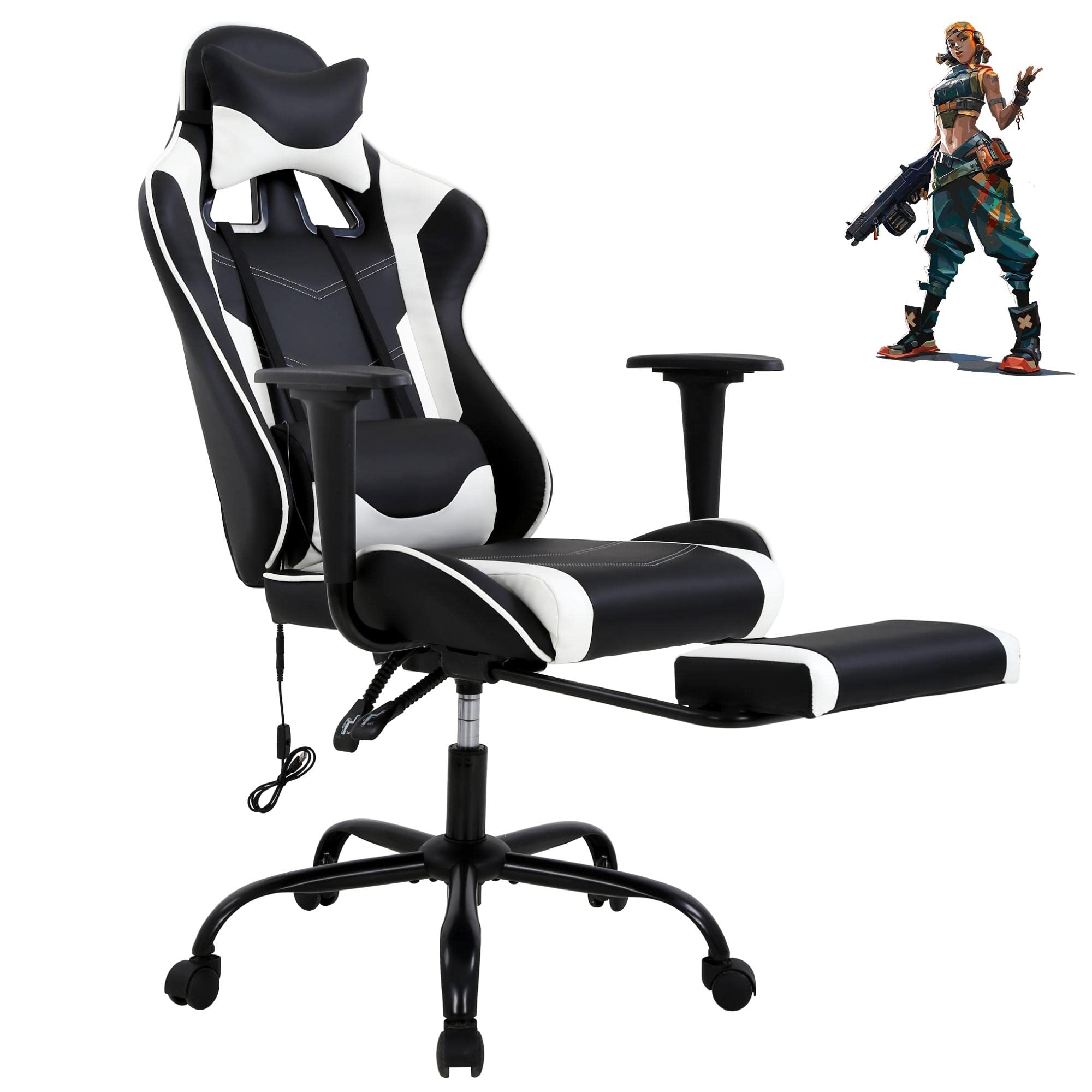 Silla para juegos de PC Silla ergonómica de oficina para carreras Silla para videojuegos, función de masaje Soporte lumbar con brazos Reposapiés y reposacabezas Silla de escritorio elegante y agradable, silla ajustable para oficina en casa - Blanco