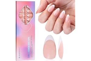 Auseibeely French Gel Nail Tips, 150PCS Short Almond Press on Nails, 3 in 1 X-coat Soft Gel Nail Tips, Nude French Tip Press on Nails with Pre-applied Tip Primer & Base Coat, 15 Sizes of Nail Art DIY