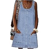 Xaspee Denim Overall Dress for Women Casual Mini Sleeveless Jean Vintage Jumper Skirt Dress with Pockets