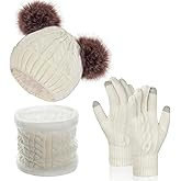 Women Knit Beanie with Pompom, Fleece Lined Neck Warmer & Touchscreen Gloves Set - Winter Thermal Accessories Christmas Gift