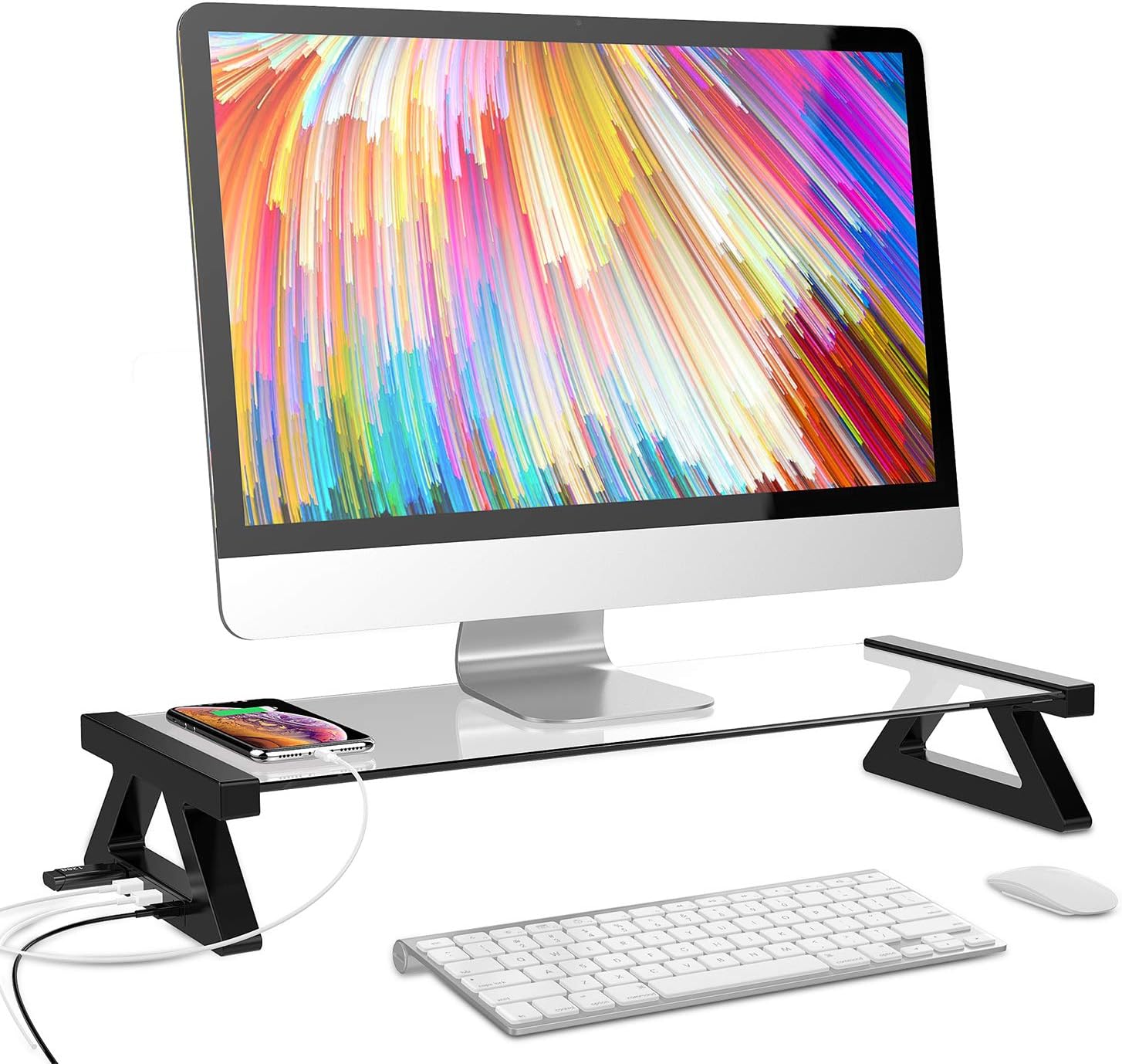 Multifunction Shelf Monitor Stand Riser with 4 USB Ports, Clear Tempered Glass, Computer Tabletop Riser TV Stand for Office and Home (White Glass)