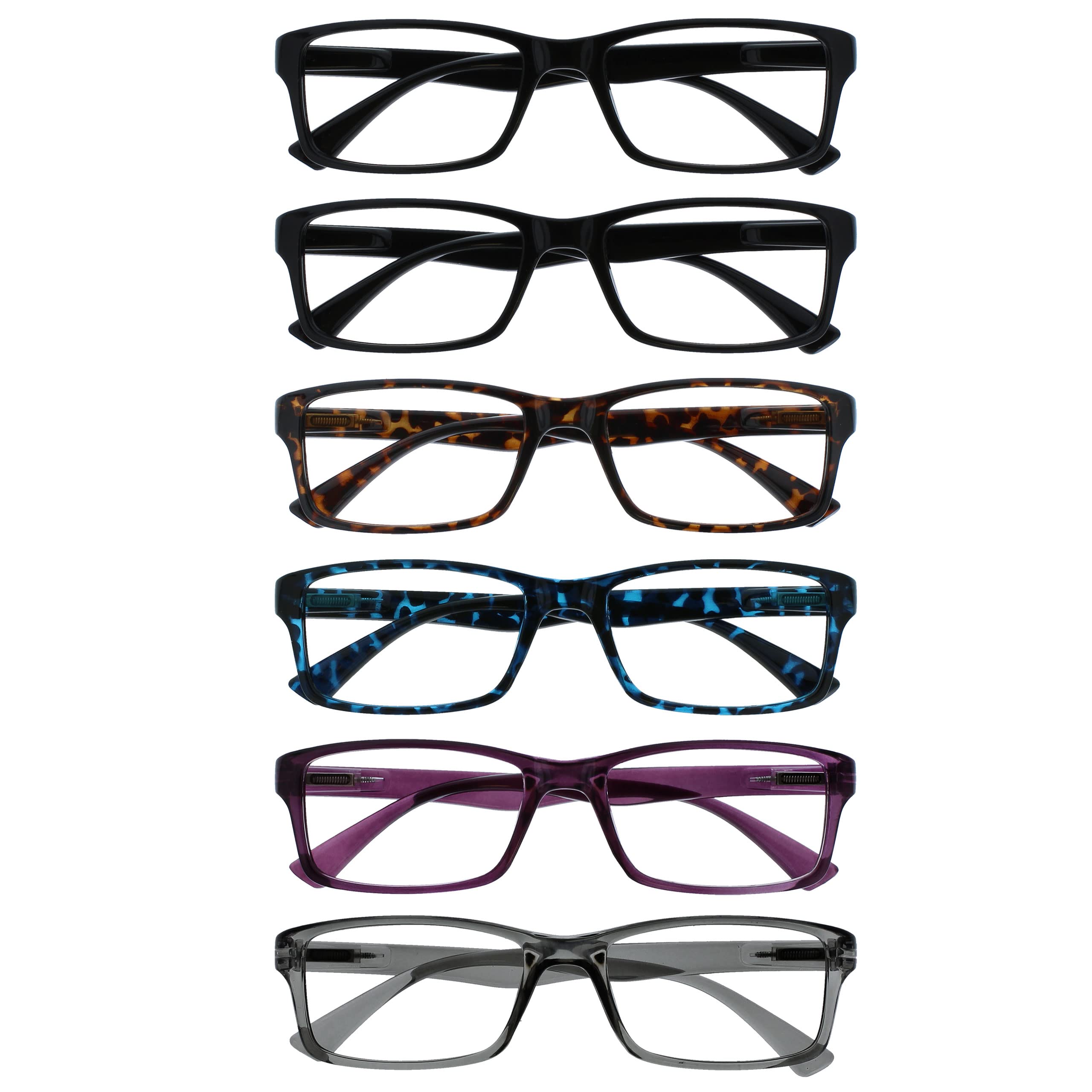 OPULIZE PEP Classic Reading Glasses for Women Men, Scratch Resistant Rectangular Frame with Spring Hinges, Black, Brown, Blue, Purple, Grey, +3.5 (Pack of 6)