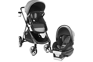 Evenflo Gold Shyft Travel Smart Infant System Stroller with SecureMax Baby Car Seat with Deep Storage Basket and SensorSafe, Moonstone Grey and Black