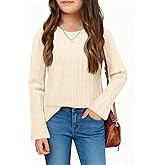 Haloumoning Girls Long Sleeve Shirts Kids Textured Crewneck Tops Casual Cute Blouse Tee 5-14 Years