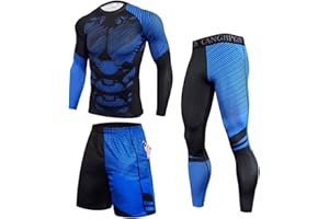 Sinzelimin 3Pcs Men's Compression Workout Clothes Long Sleeve Shirt Pants Shorts Suit Fitness Sports Jersey Tops & Bottom Set