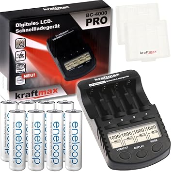 Kraftmax BC-4000 Pro Akku Ladegerät inkl. 8x Eneloop AA / Mignon Akkus - Neueste Generation