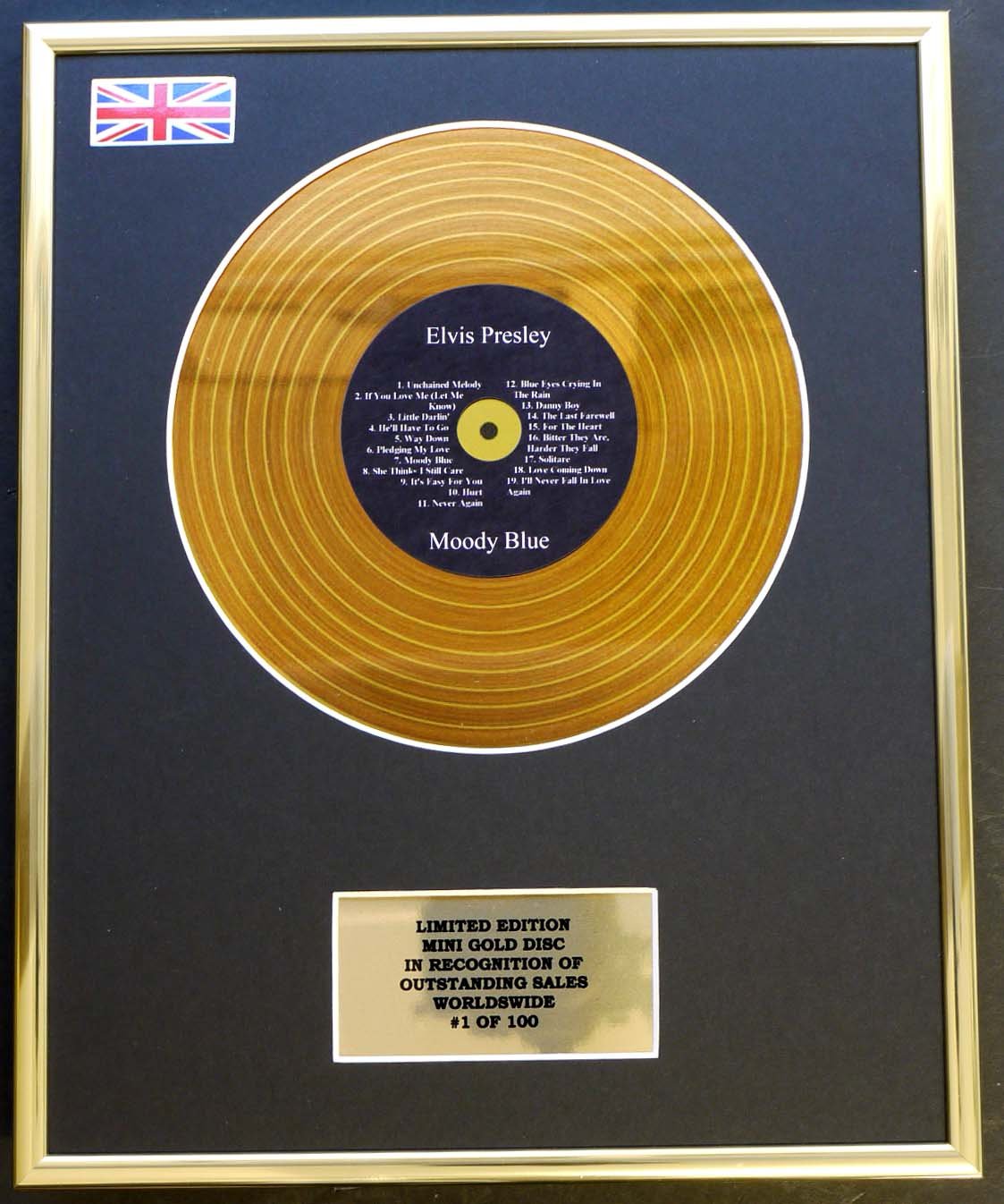 ELVIS PRESLEY/MINI GOLD DISC DISPLAY/LIMITED EDITION/COA/MOODY BLUE